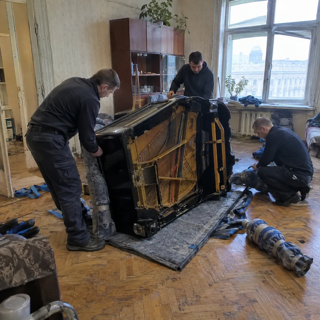 Что мы перевозим Грузчики укладывают рояль на щит для перевозки