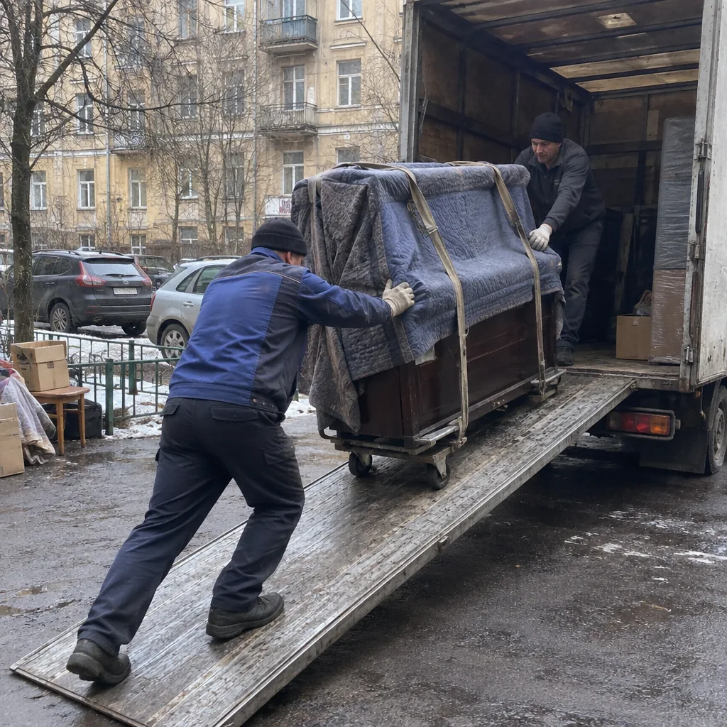 Как заказать перевозку пианино Грузчики закатывают пианино по трапу в кузов