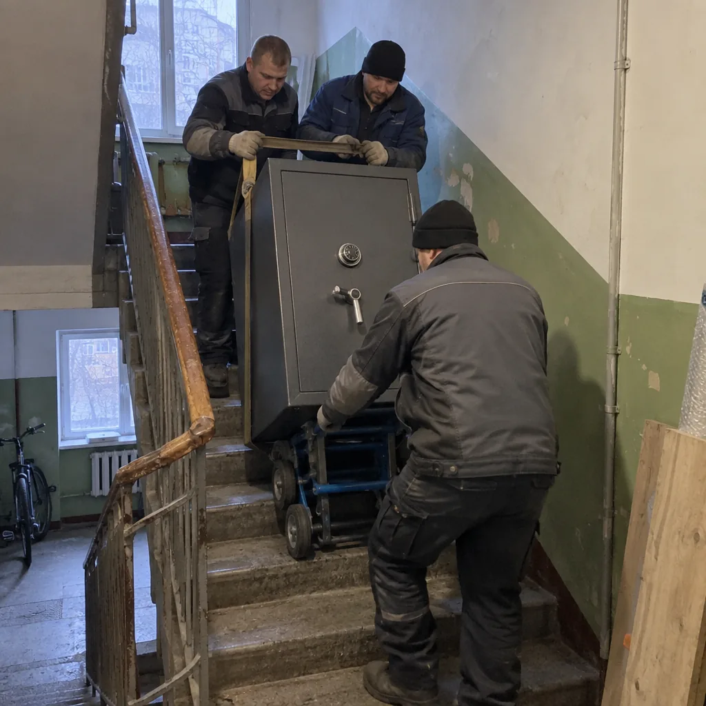 Перевозка сейфов в Санкт-Петербурге Такелажники спускают тяжёлый сейф по лестнице на тележке