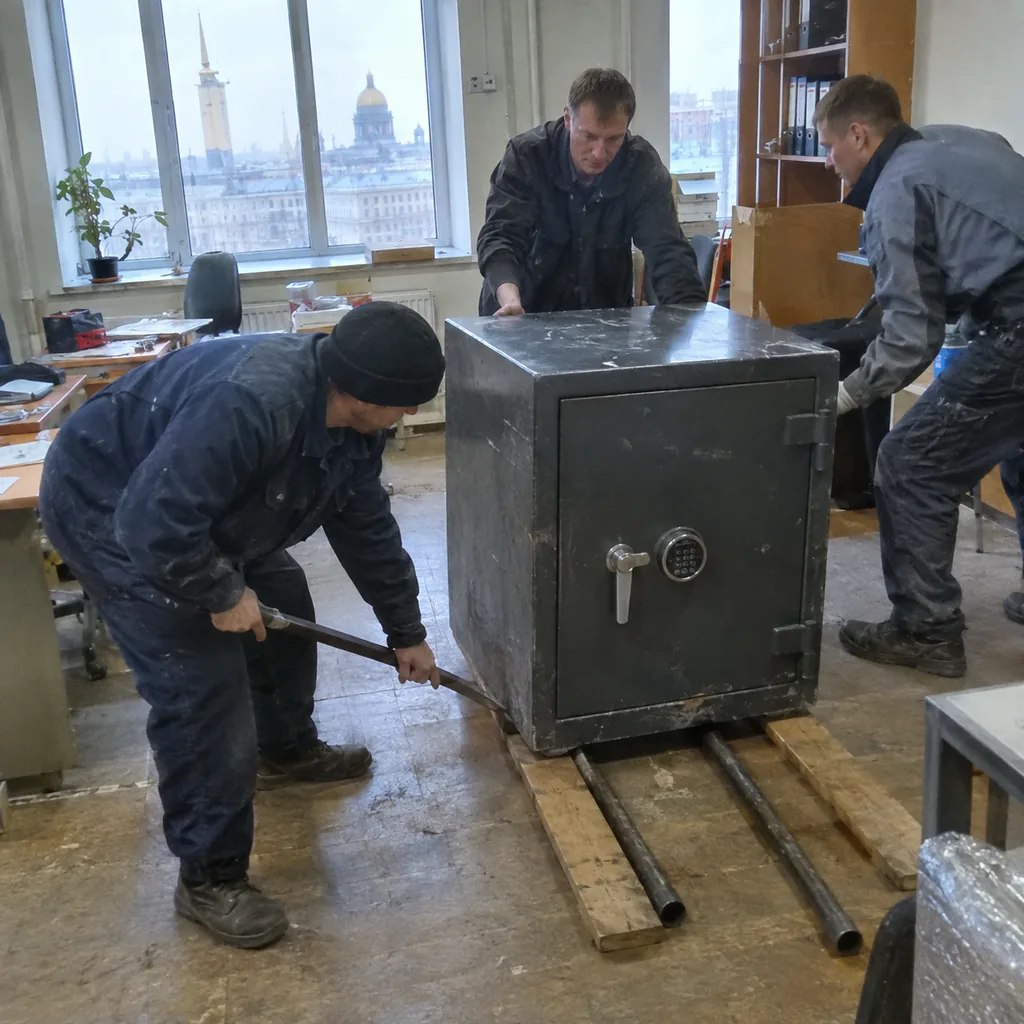 Такелаж сейфа Такелажники двигают сейф ломом и катками по полу офиса