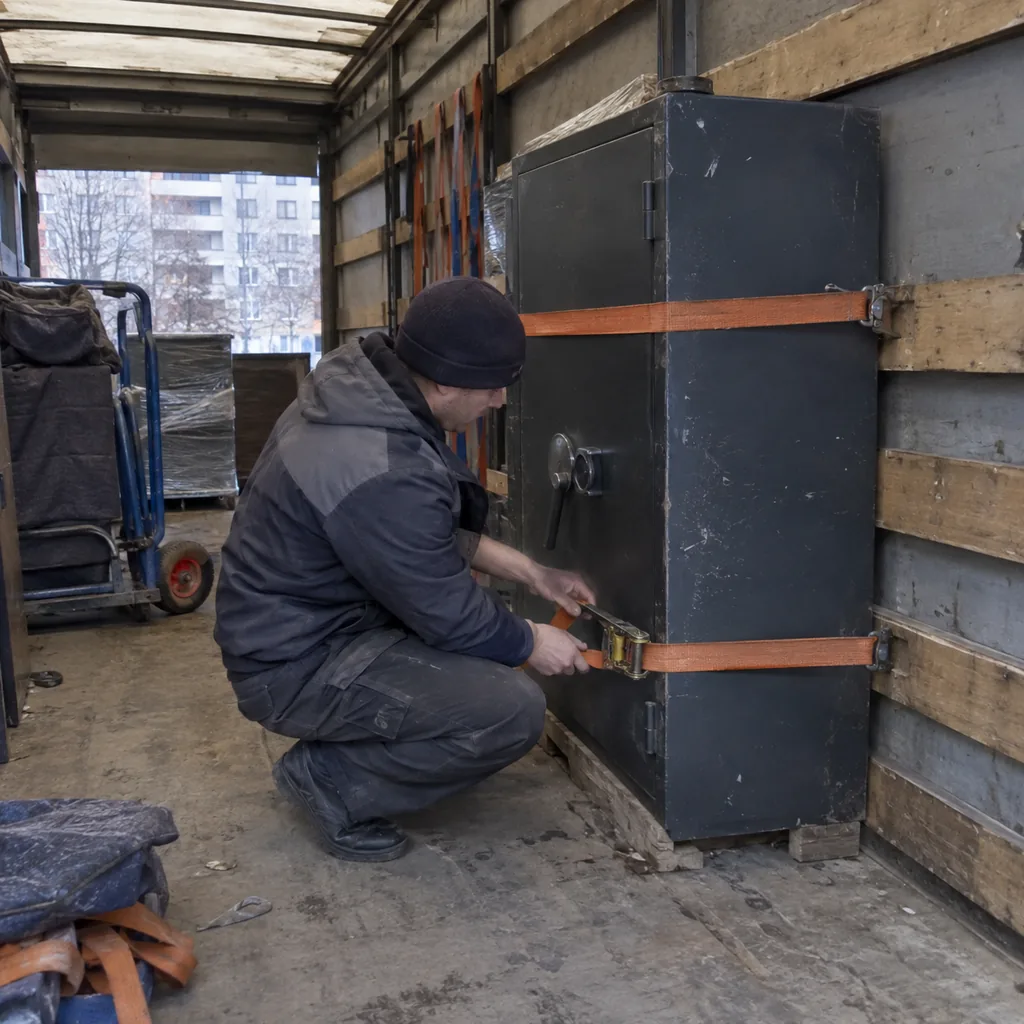 Перевозка сейфа под ключ Грузчик проверяет крепление сейфа ремнями в кузове