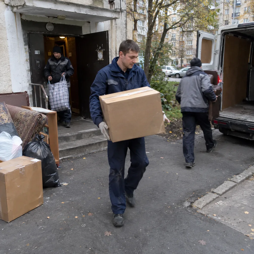 Перевозка вещей в Санкт-Петербурге Грузчики переносят сумки и коробки с вещами в фургон