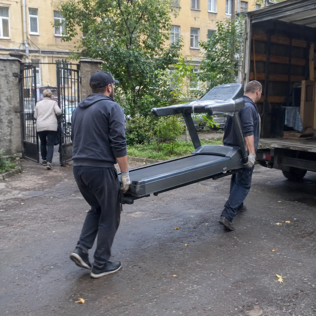 Перевозка крупных вещей Грузчики несут беговую дорожку к грузовику