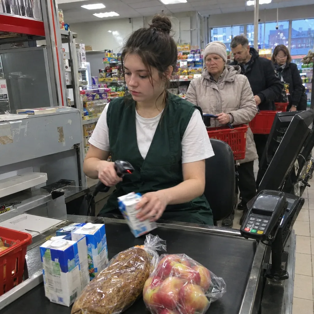Аутсорсинг кассиров в Санкт-Петербурге Кассир пробивает покупки на кассе супермаркета, к кассе очередь