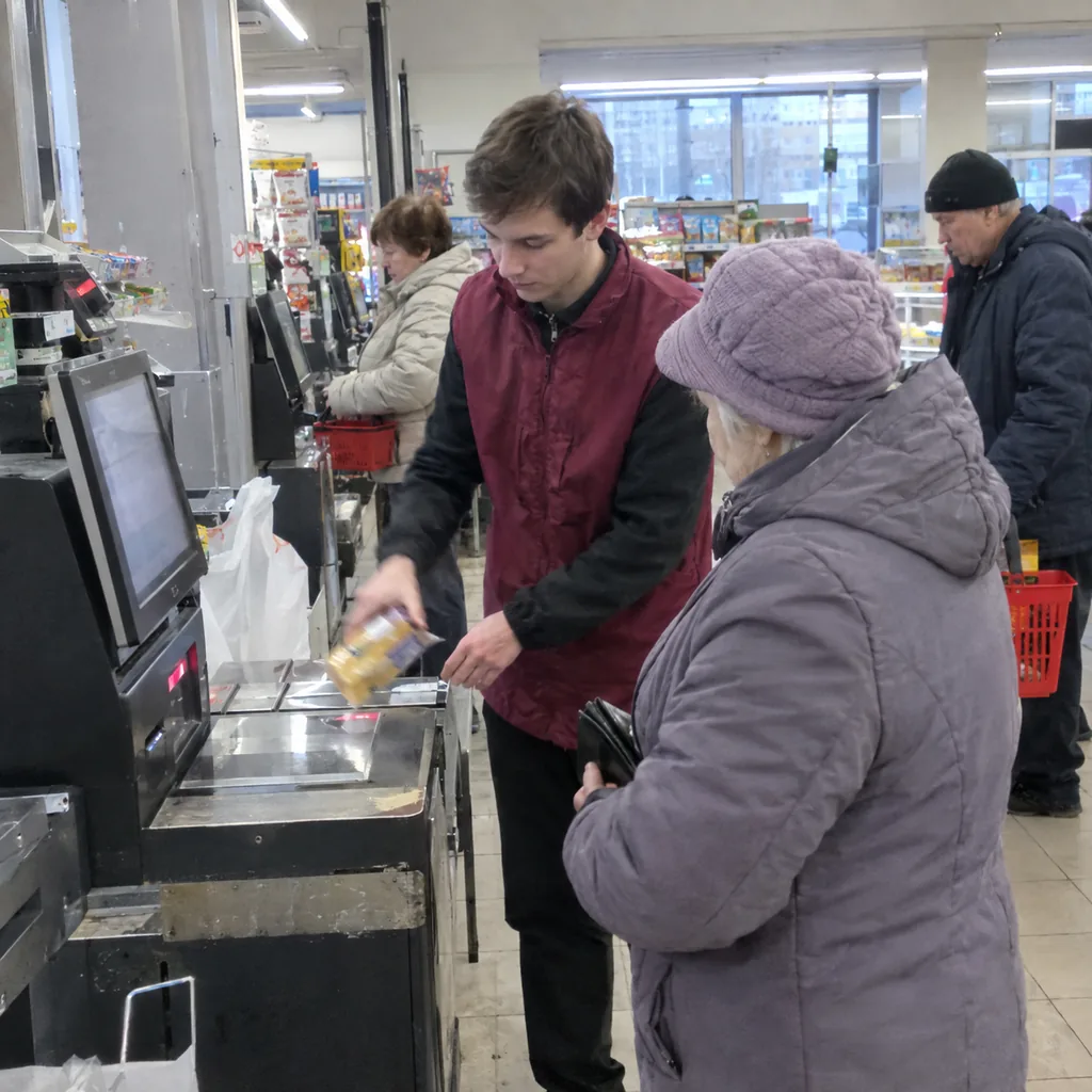 Мобильные кассиры для магазинов Кассир помогает покупательнице на кассе самообслуживания