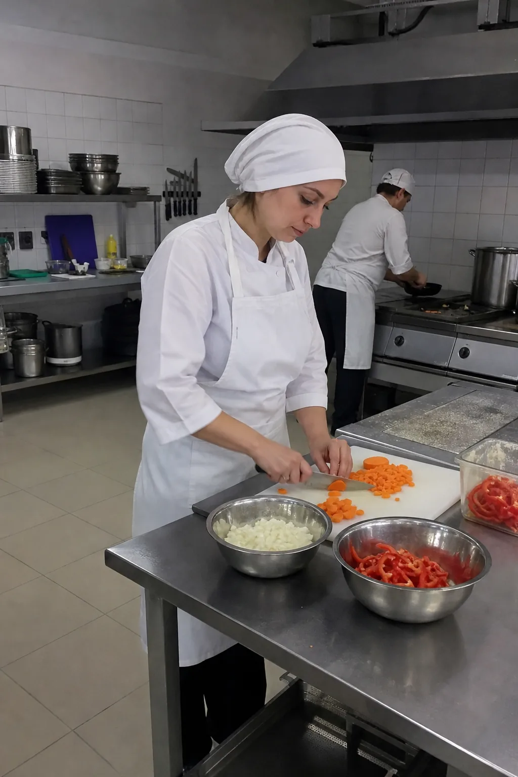 Плюсы аутсорсинга услуг питания Помощник повара нарезает овощи в заготовочном цехе