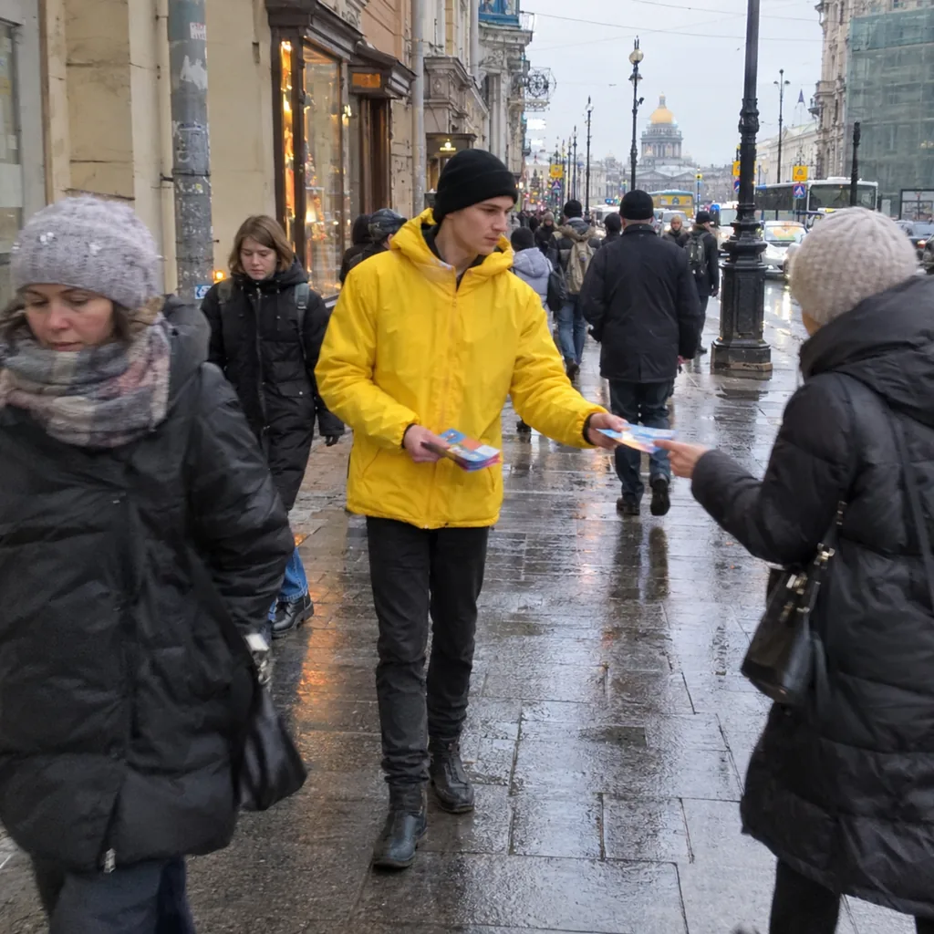 Аутсорсинг промоутеров в Санкт-Петербурге Промоутер раздаёт листовки прохожим на улице