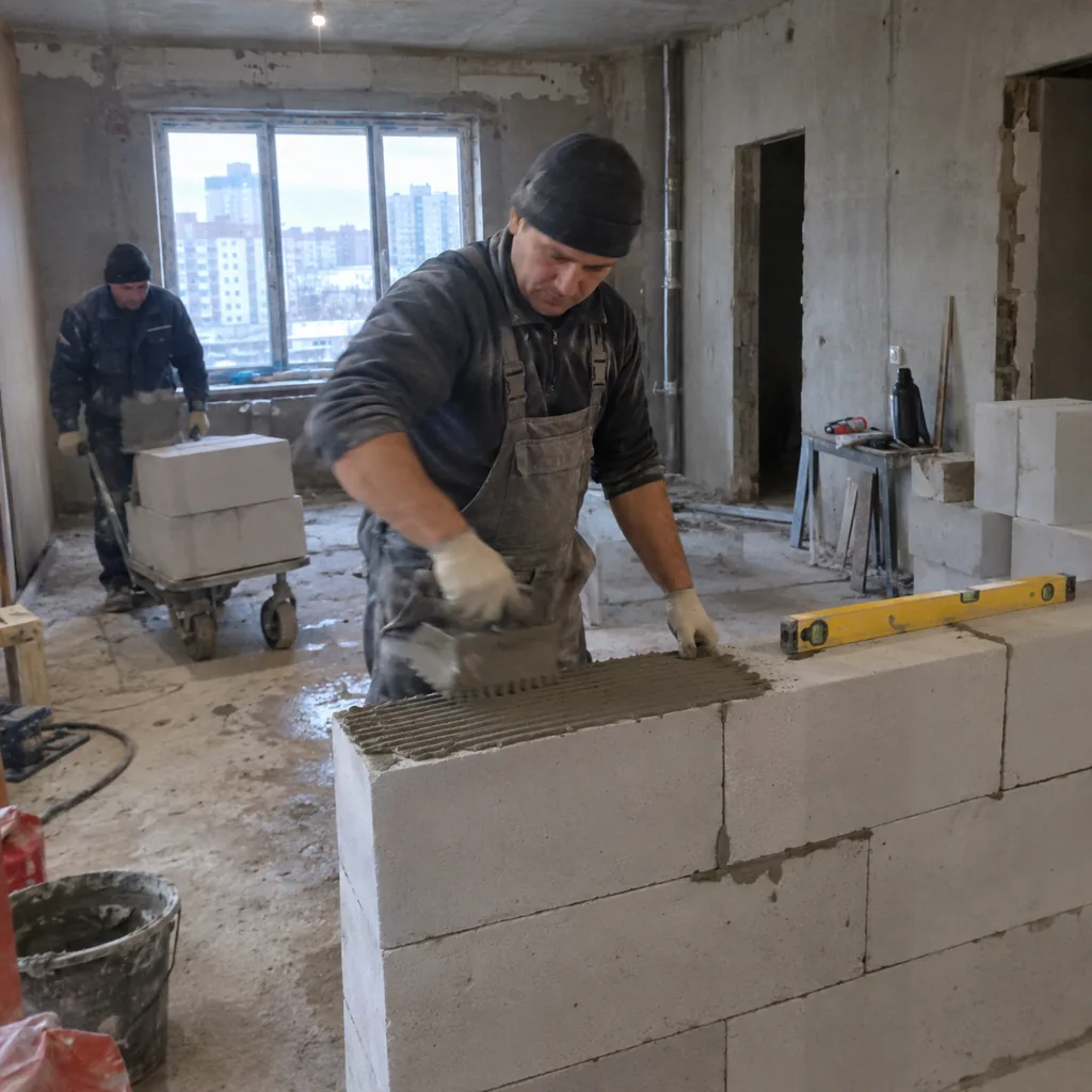 Выгода от аутсорсинга строительных работ Каменщик кладёт газобетонные блоки, напарник подвозит материал
