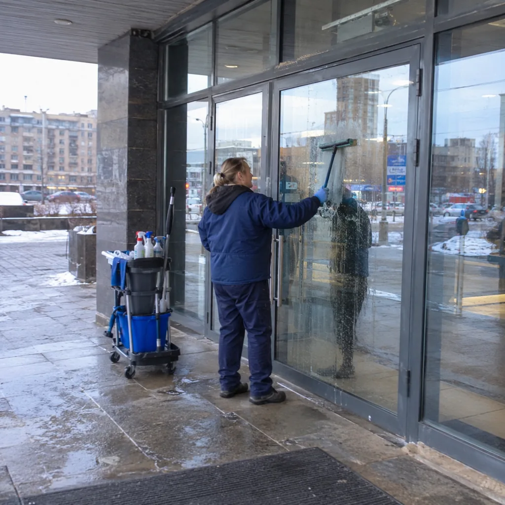 Преимущества лизинга персонала для клининга Уборщица моет стеклянные двери торгового центра