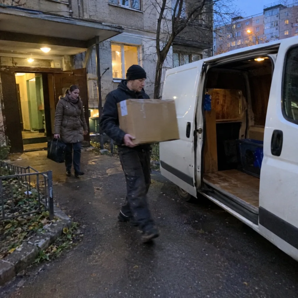 Грузовое такси в Санкт-Петербурге Грузчик несёт коробку к грузовому такси у подъезда