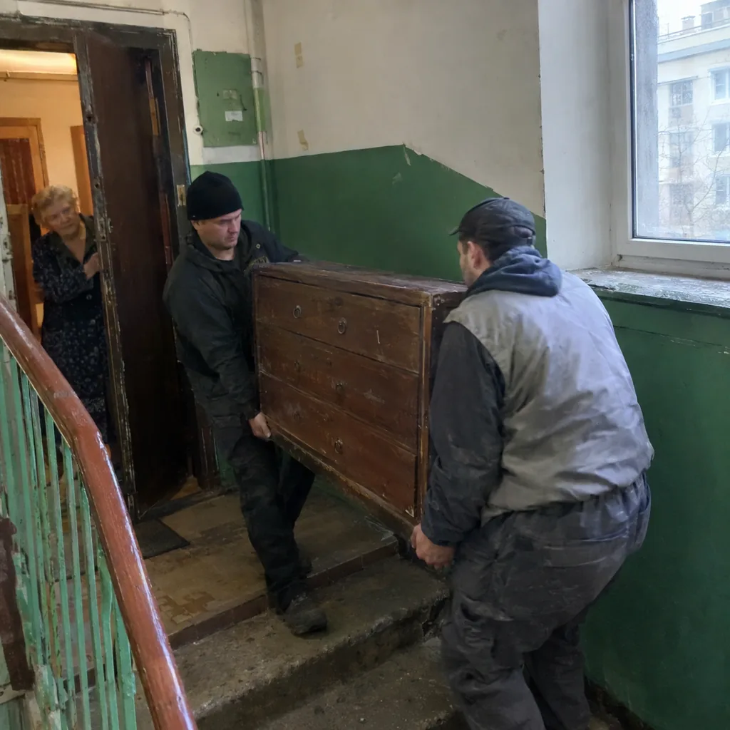 Грузчики на час в Санкт-Петербурге Грузчики выносят старый комод из квартиры