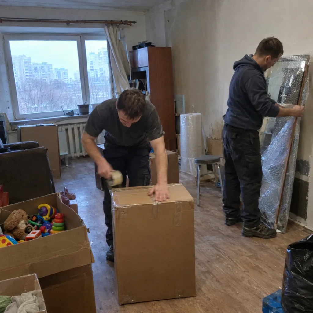 Переезд двухкомнатной квартиры Грузчики упаковывают вещи в двухкомнатной квартире