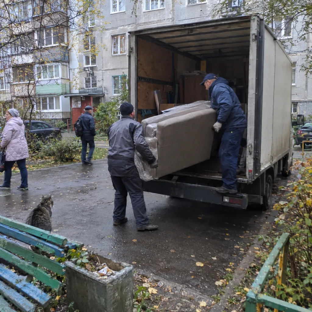 Как заказать квартирный переезд Грузчики грузят диван в грузовик у панельного дома