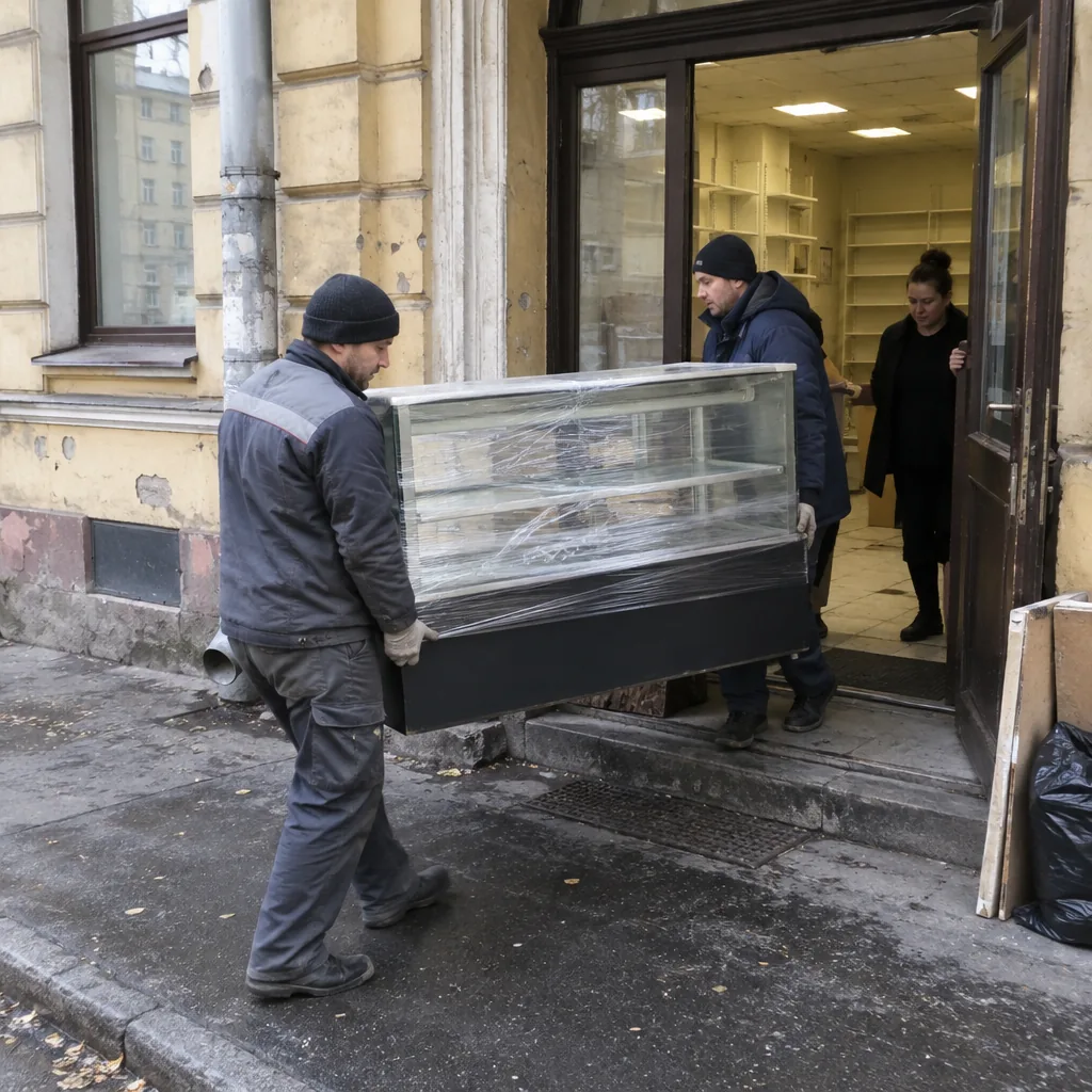 Переезд магазина в Санкт-Петербурге Грузчики выносят стеклянный прилавок из магазина