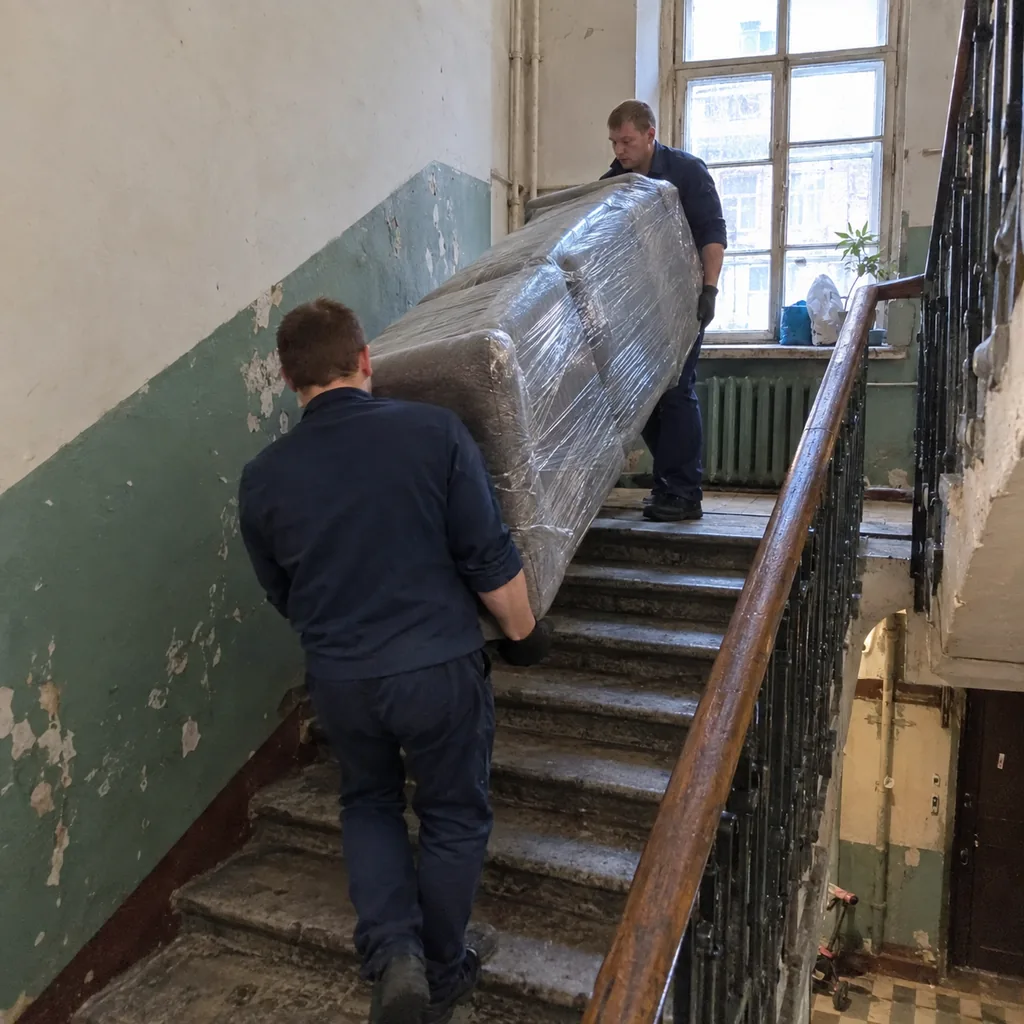 Перевезти диван в Санкт-Петербурге Грузчики несут диван в плёнке вниз по лестнице старого дома
