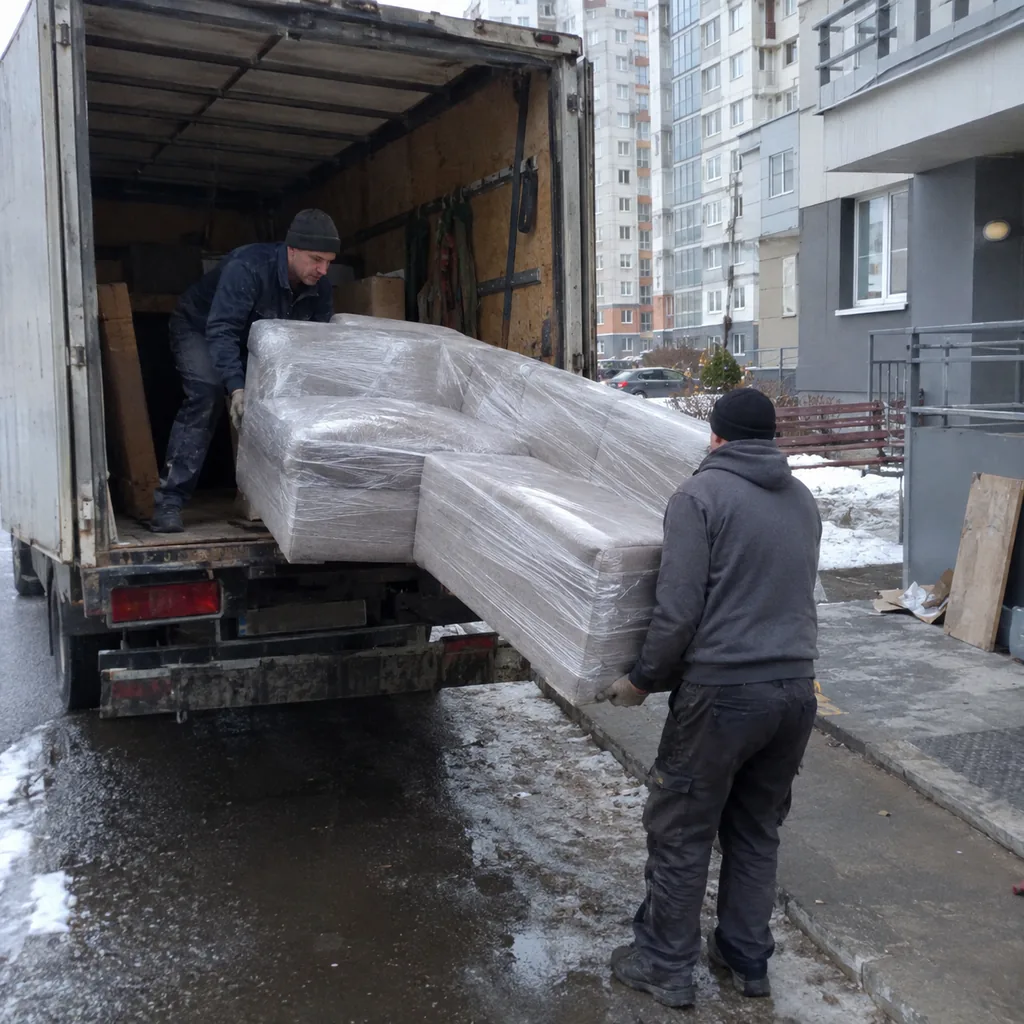 Как заказать перевозку дивана Грузчики выгружают диван из кузова у новостройки