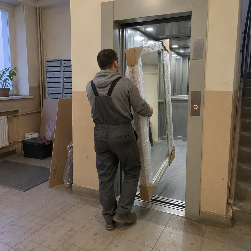 Как проходит перевозка мебели Грузчик заносит упакованное зеркало в лифт