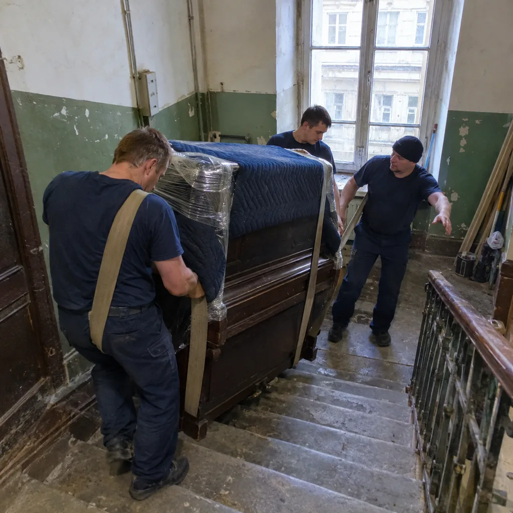 Перевозка пианино в Санкт-Петербурге Грузчики спускают пианино на ремнях по лестнице